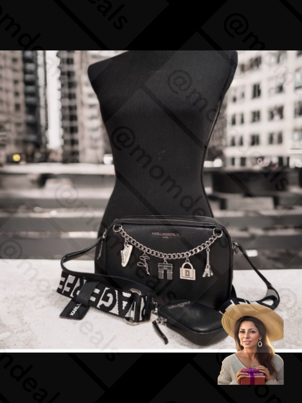 Karl Lagerfeld Camera Bag Black Crossbody Black & White Logo Strap Charms Paris - Picture 17 of 17